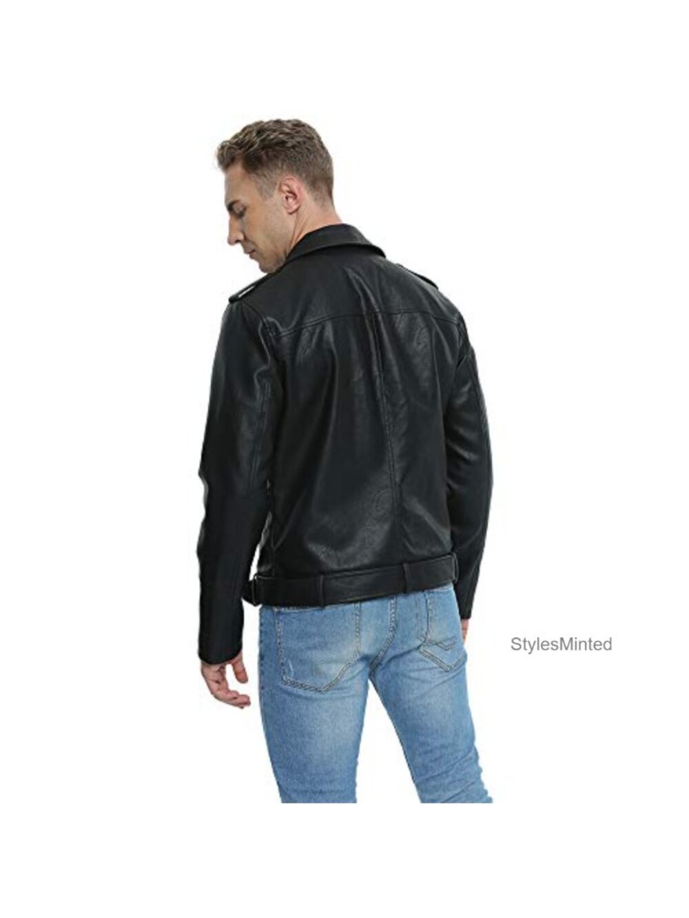 Faux Leather Bomber Jacket Men Motorcycle Lapel Asymmetric Zip-Up Belt Slim Fit - Picture 4 of 5